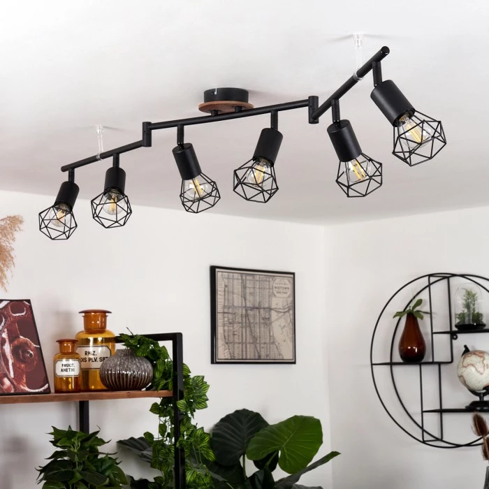 Hofstein Baripada Deckenleuchte Schwarz, Holz dunkel, 6-flammig 2 Hofstein Baripada Deckenleuchte Schwarz, Holz dunkel, 6-flammig – Bild 2